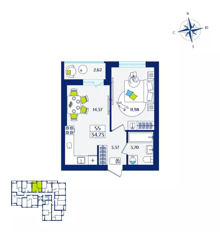 1-к кв. Калининградская область, Зеленоградск  (34.73 м) - Фото 1