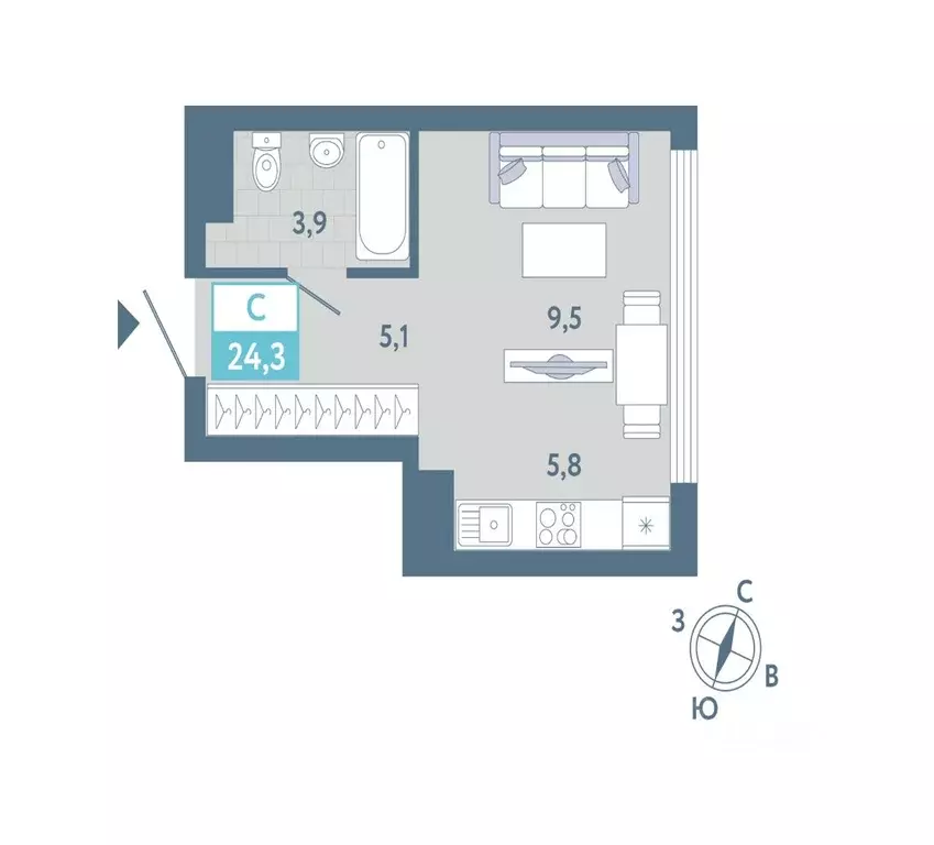 Студия Тюменская область, Тюмень Айрис жилой комплекс (24.3 м) - Фото 1