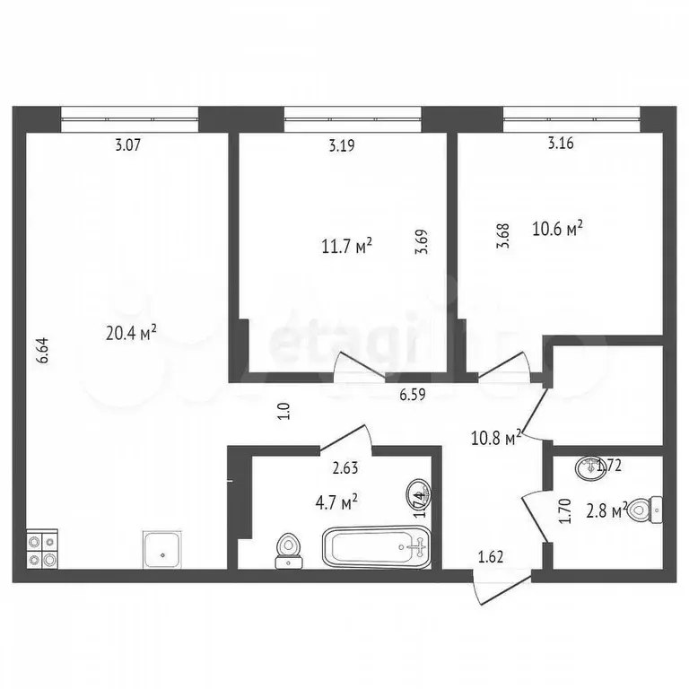 2-к. квартира, 61 м, 2/4 эт. - Фото 0