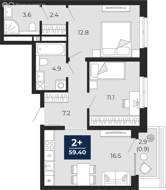 2-комнатная квартира: Тюмень, проезд Капитана Куликова, 7 (61.4 м) - Фото 1