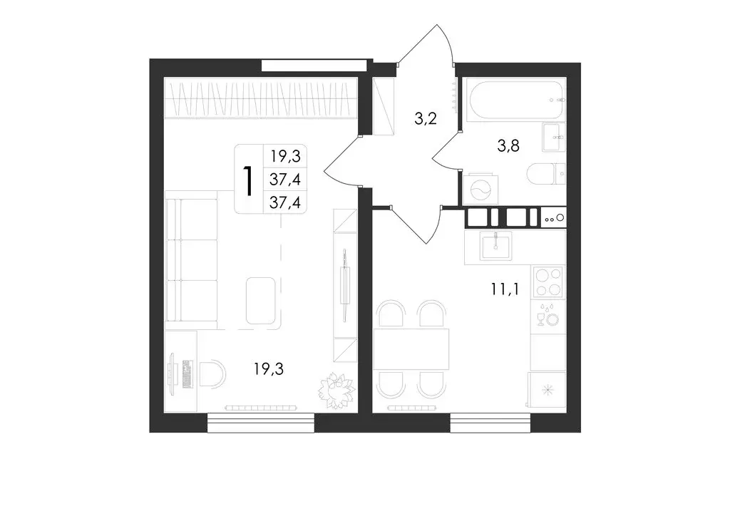 1-комнатная квартира: Ямное, Просёлочная улица, 2к5 (37.4 м) - Фото 1