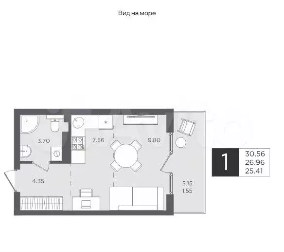 Квартира-студия, 30,6 м, 4/4 эт. - Фото 1