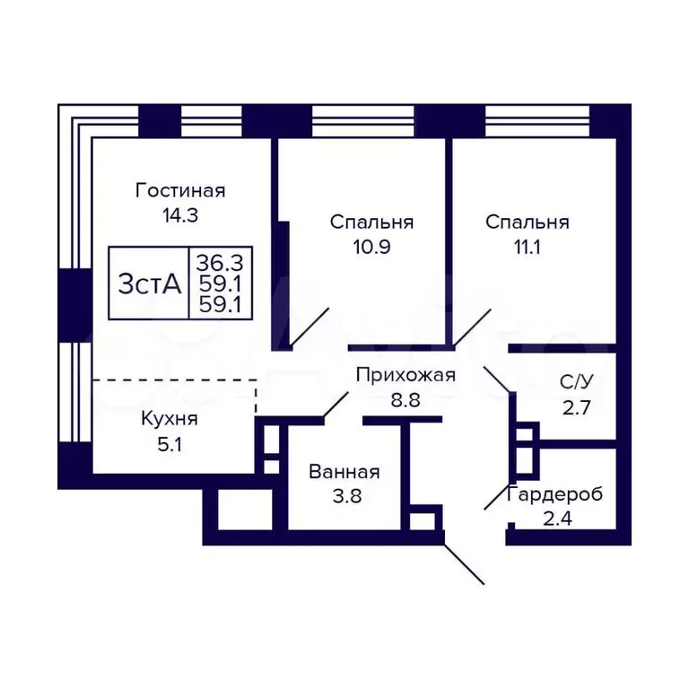 3-к. квартира, 59,1 м, 10/23 эт. - Фото 0