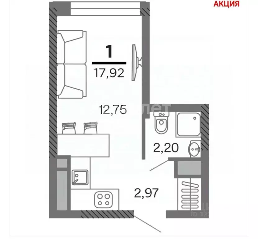 Студия Рязанская область, Рязань ул. Озерная, 5 (17.92 м) - Фото 1