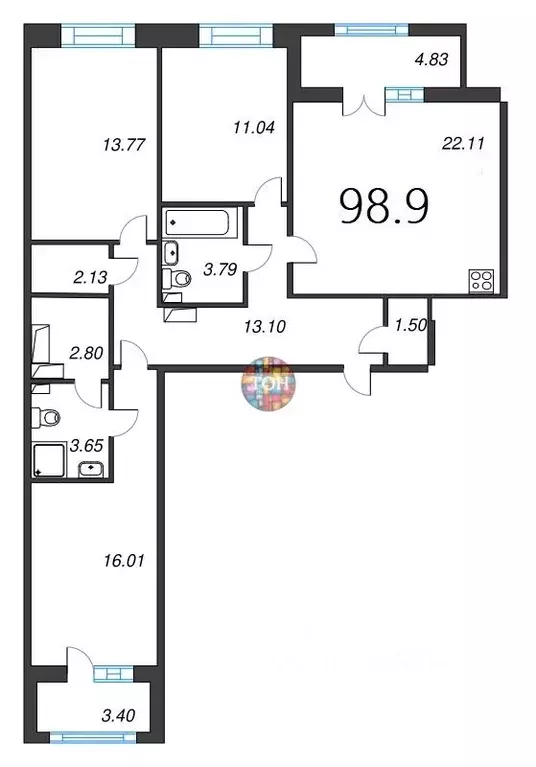 3-к кв. Санкт-Петербург Уральская ул., 23 (98.9 м) - Фото 1