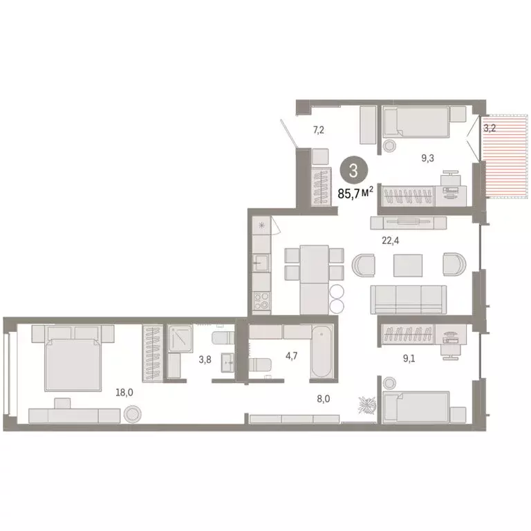 3-комнатная квартира: Тюмень, жилой комплекс Республики 205 (85.68 м) - Фото 2