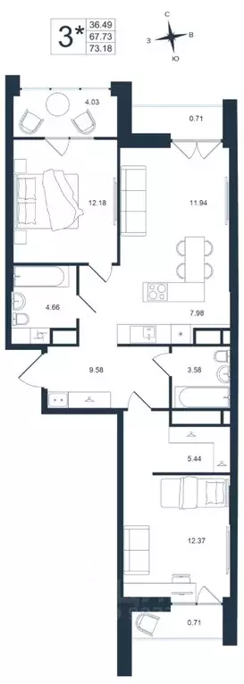 3-к кв. Приморский край, Владивосток Архитектор жилой комплекс (73.18 ... - Фото 1