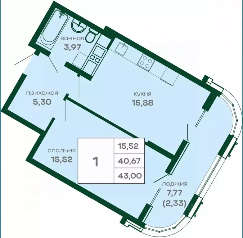 2-к кв. Крым, Симферополь ул. 51-й Армии, 128И (43.46 м) - Фото 1