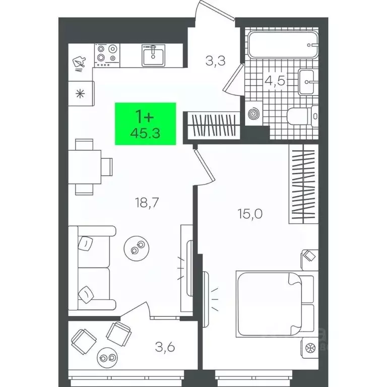 1-к кв. Тюменская область, Тюмень ул. Василия Малкова, 19 (45.34 м) - Фото 0