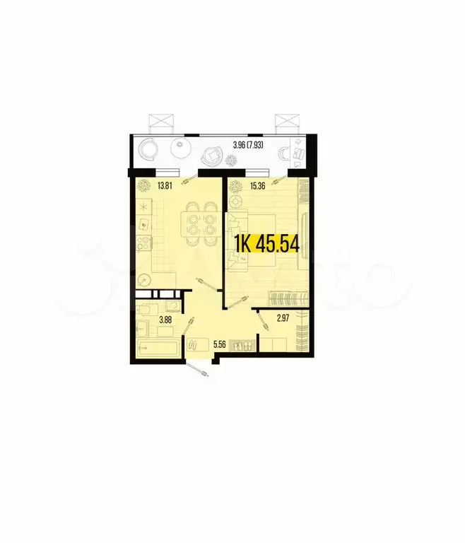 1-к. квартира, 45,5 м, 6/7 эт. - Фото 0