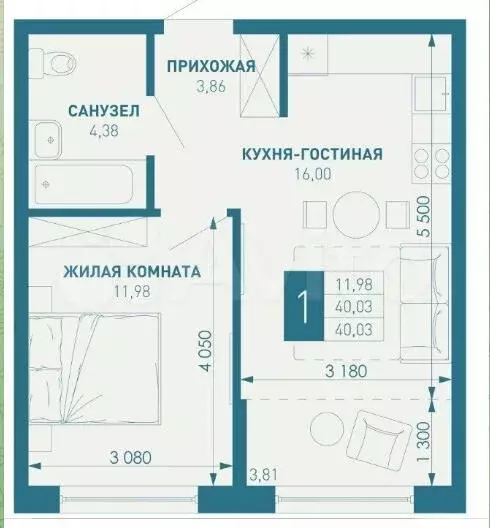 1-к. квартира, 40 м, 7/16 эт. - Фото 1