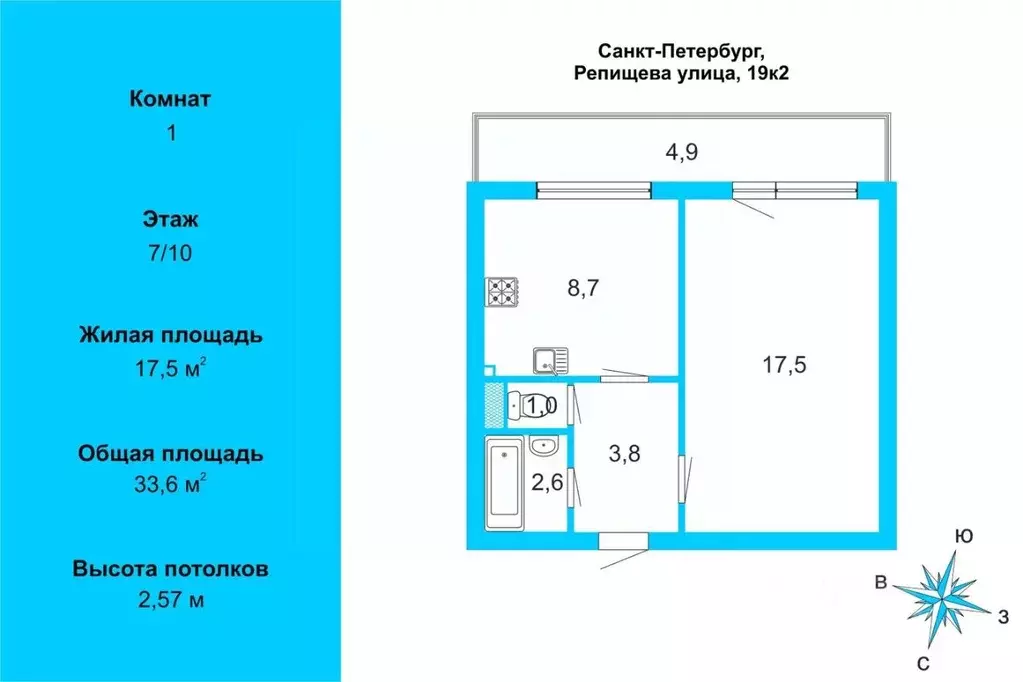 1-к кв. Санкт-Петербург ул. Репищева, 19К2 (33.6 м) - Фото 2