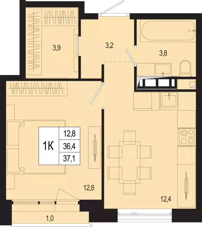 1-к квартира, 36.4 м - Фото 0