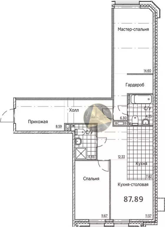 Квартира, 2 комнаты, 87.89 м - Фото 0