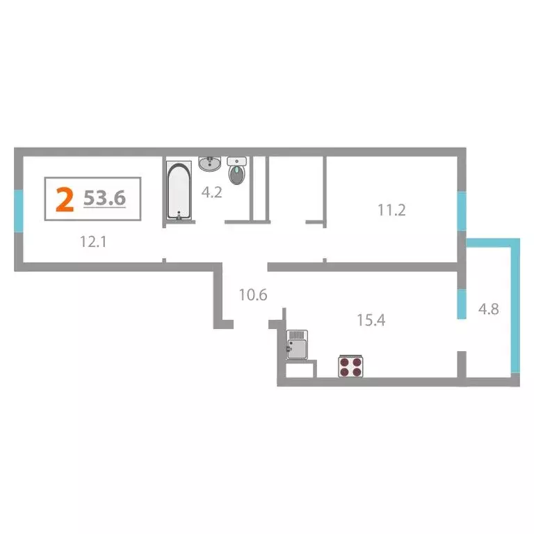 2-комнатная квартира: Тюмень, улица Владимира Бахарева, 3к1 (53.8 м) - Фото 2