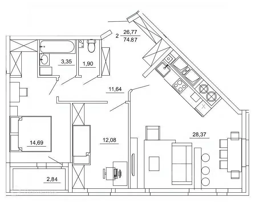 2-к кв. Рязанская область, Рязань ул. Земнухова (74.87 м) - Фото 0