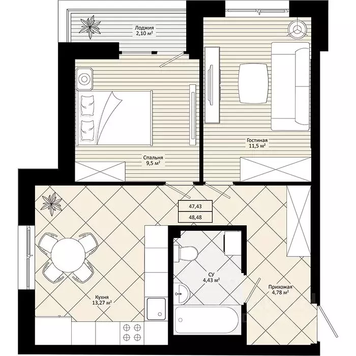 2-к кв. Приморский край, Уссурийск  (48.48 м) - Фото 1