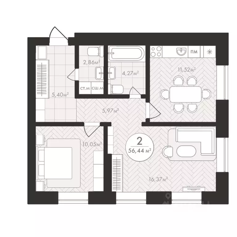 2-к кв. Башкортостан, Уфа Южный-2 мкр,  (56.44 м) - Фото 1