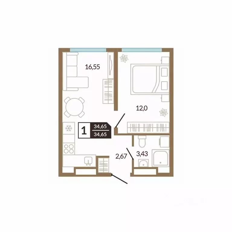 1-к кв. Тюменская область, Тюмень Концепт жилой комплекс (34.65 м) - Фото 1