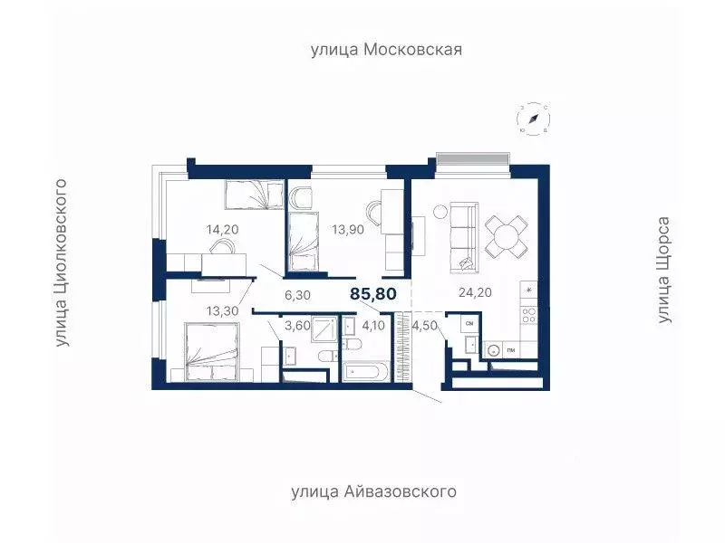 3-к кв. Свердловская область, Екатеринбург ул. Московская, 249/2 (85.8 ... - Фото 0