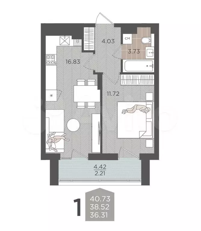 1-к. квартира, 38,5 м, 9/9 эт. - Фото 1