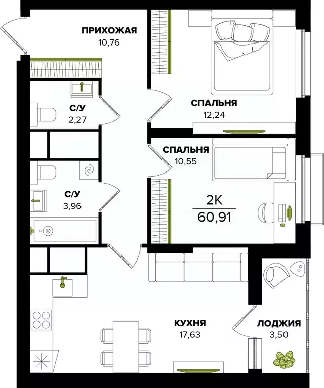 2-к кв. Тульская область, Тула  (60.91 м) - Фото 0