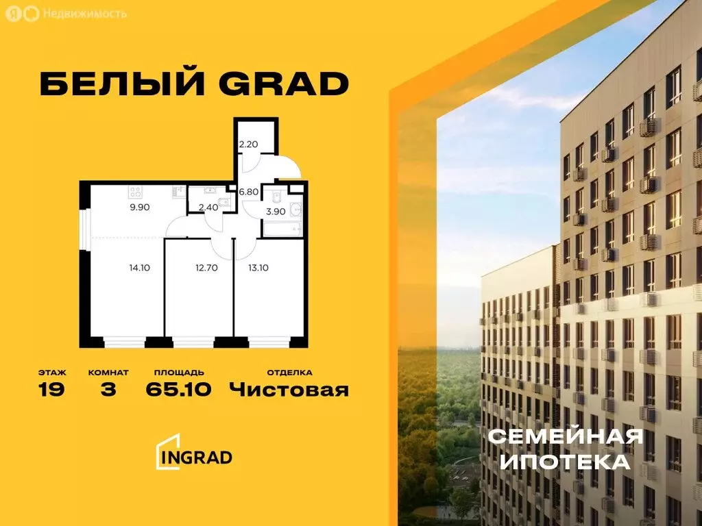 3-комнатная квартира: Мытищи, жилой комплекс Белый Grad, 12.3 (65.1 м) - Фото 0