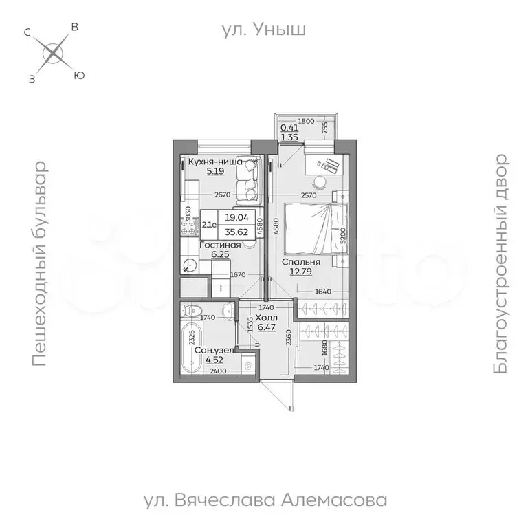 2-к. квартира, 35,6 м, 13/19 эт. - Фото 0