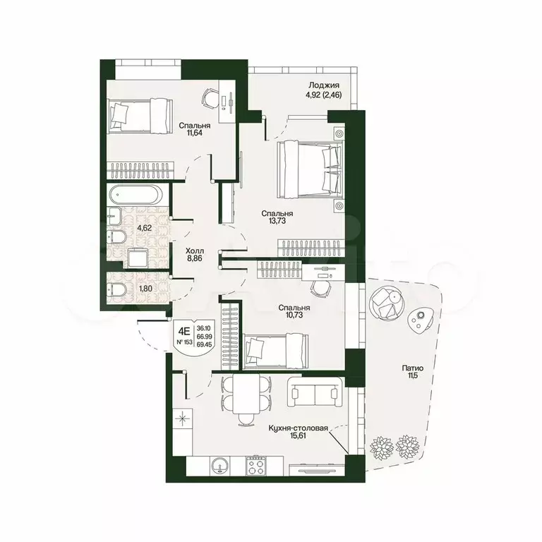 3-к. квартира, 69,5 м, 1/4 эт. - Фото 0