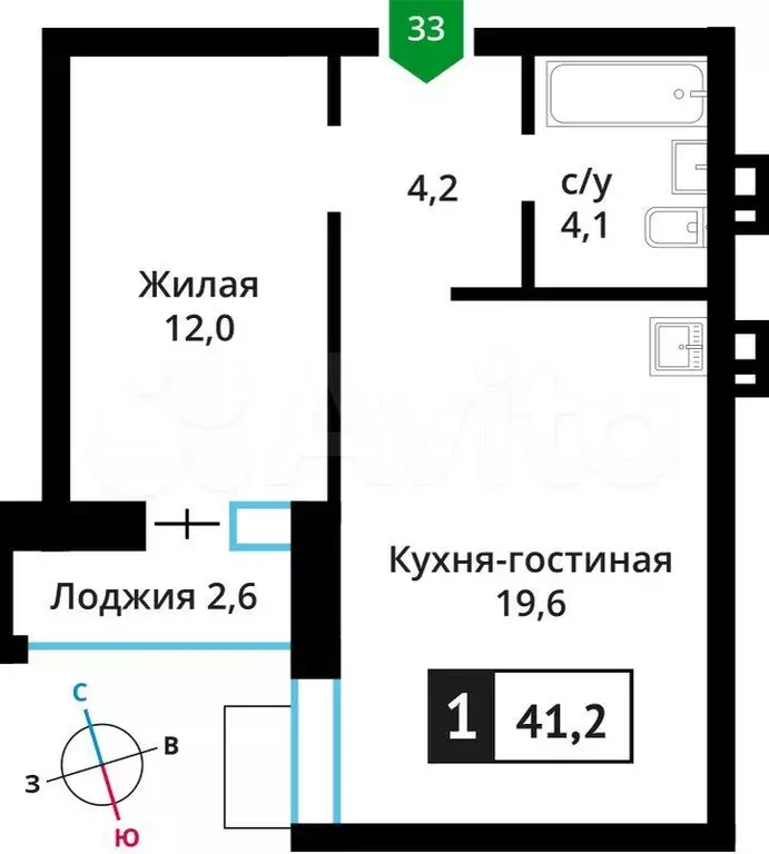 1-к. квартира, 41,2 м, 2/6 эт. - Фото 0