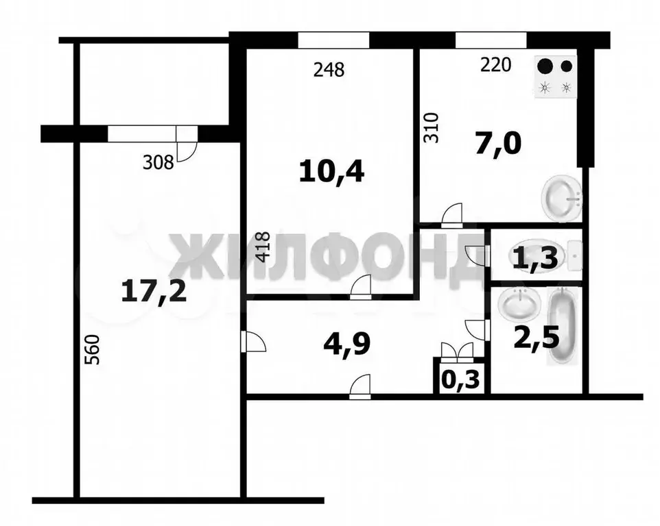 2-к. квартира, 43,9 м, 6/9 эт. - Фото 0