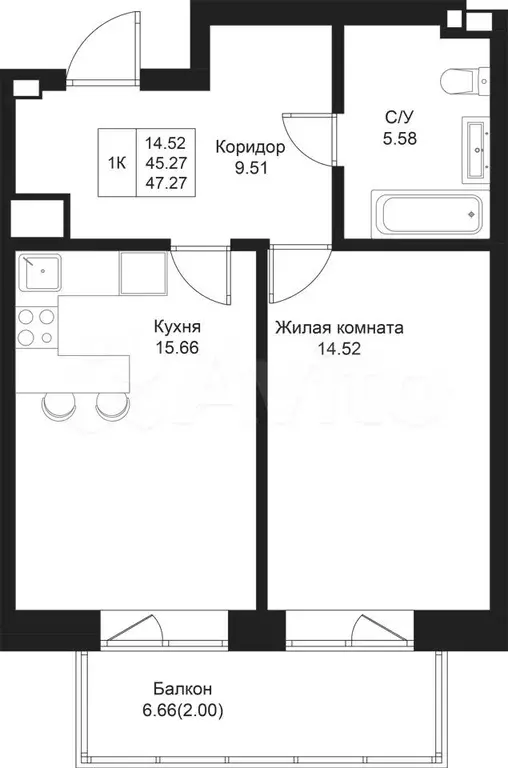 1-к. квартира, 47,3 м, 3/5 эт. - Фото 0