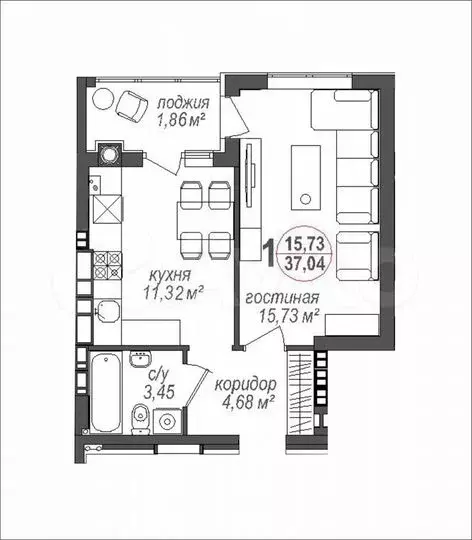 1-к. квартира, 37м, 6/8эт. - Фото 1