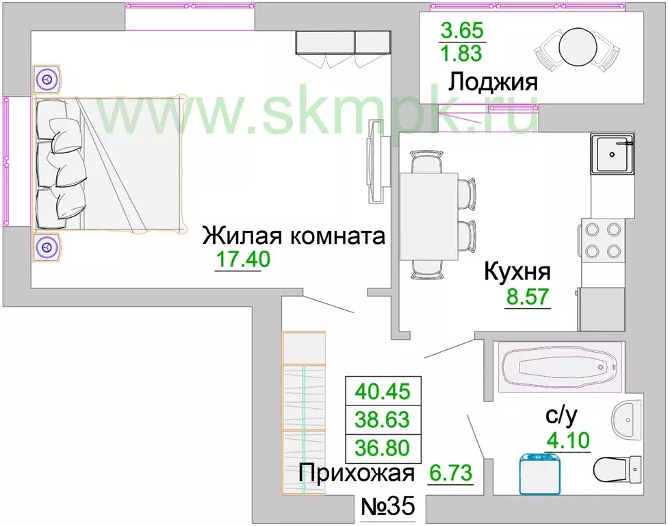 1-к кв. Калининградская область, Зеленоградск  (38.63 м) - Фото 0