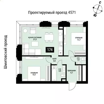 2-комнатная квартира: Москва, жилой комплекс Шелепиха (62.2 м) - Фото 0