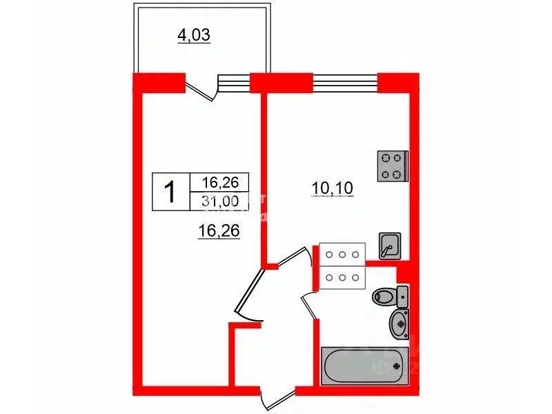 Квартира, 1 комната, 34.2 м - Фото 1