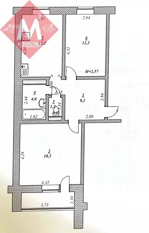 2-к кв. Ханты-Мансийский АО, Нягань Интернациональная ул., 27к3 (57.3 ... - Фото 1