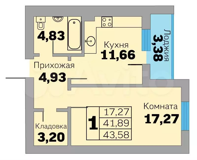 1-к. квартира, 43,6 м, 9/9 эт. - Фото 0