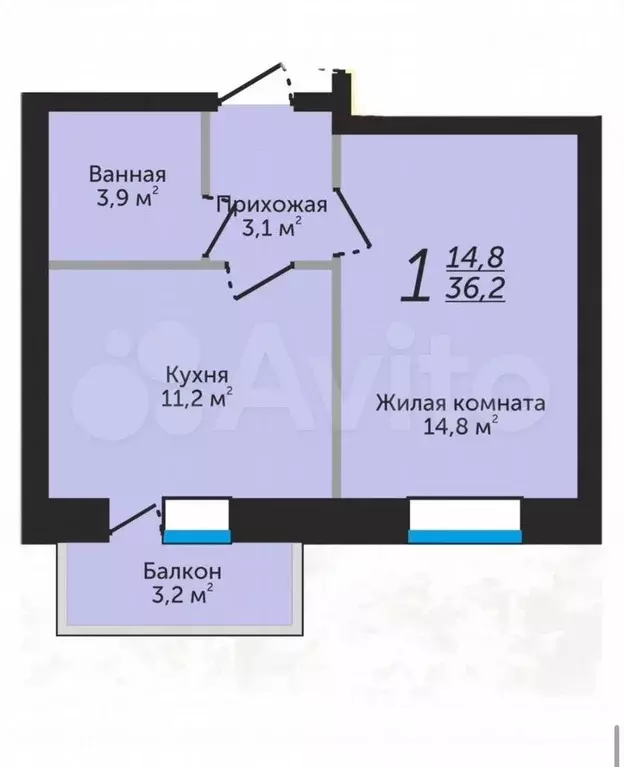 1-к. квартира, 36,2 м, 2/4 эт. - Фото 0