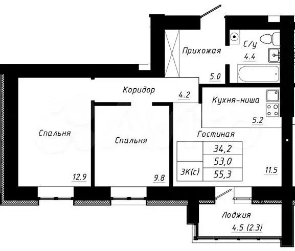 3-к. квартира, 55,3 м, 1/10 эт. - Фото 1