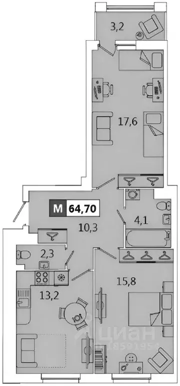 2-к кв. Санкт-Петербург ул. Парфеновская, 14к1 (65.0 м) - Фото 1