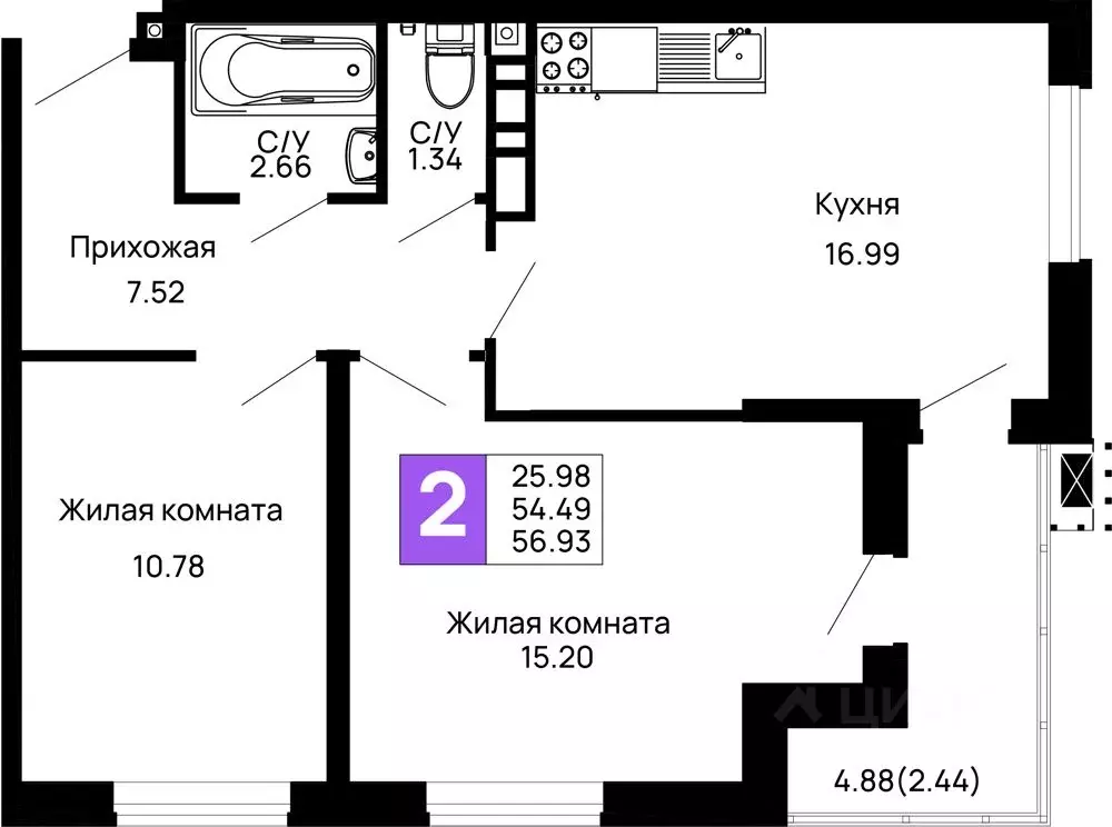 2-к кв. Адыгея, Майкоп 9 Мая ул., 14А (56.93 м) - Фото 0