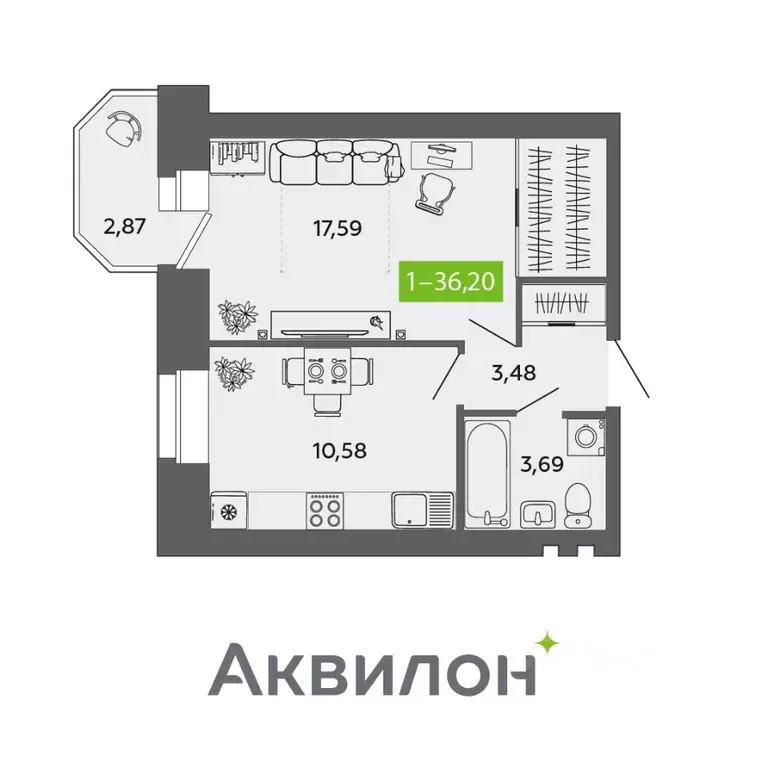 1-к кв. Архангельская область, Северодвинск ул. Ломоносова, 79 (36.2 ... - Фото 0