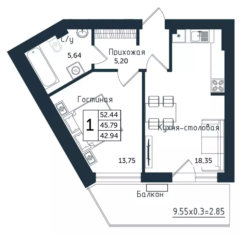 1-к кв. Калининградская область, Янтарный пгт ул. Советская (52.44 м) - Фото 1