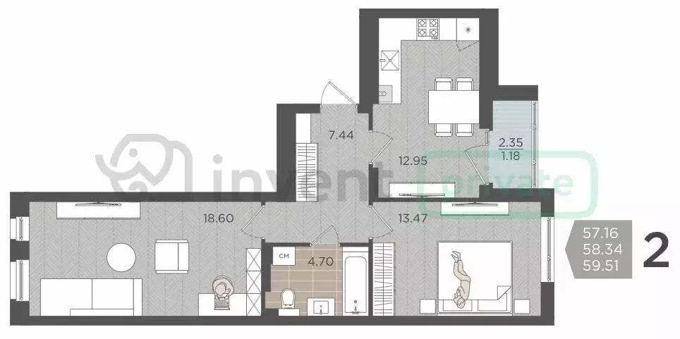 2-комнатная квартира: Калининград, Батальная улица, 65А (58.34 м) - Фото 0