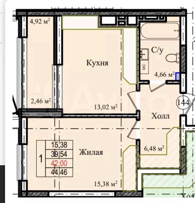 1-к. квартира, 42 м, 2/9 эт. - Фото 1