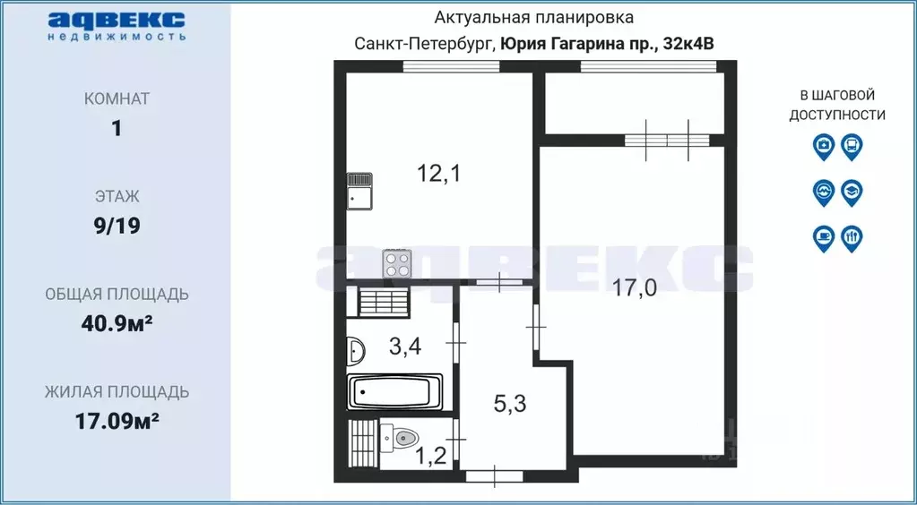 1-к кв. Санкт-Петербург просп. Юрия Гагарина, 32к5Г (40.9 м) - Фото 1