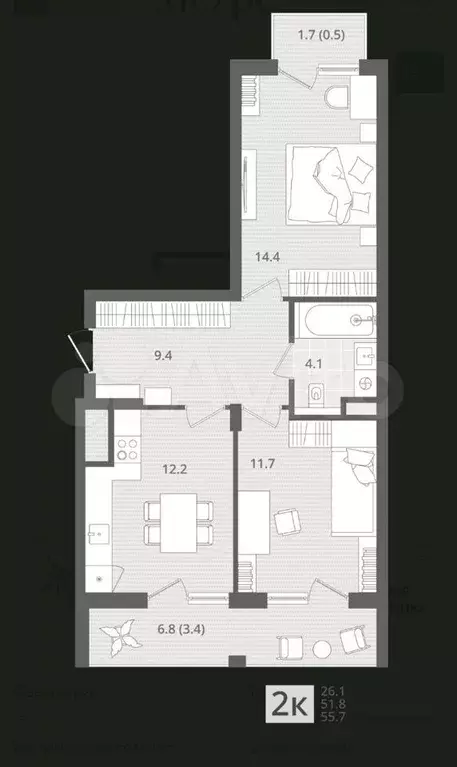 2-к. квартира, 55,7 м, 7/7 эт. - Фото 1