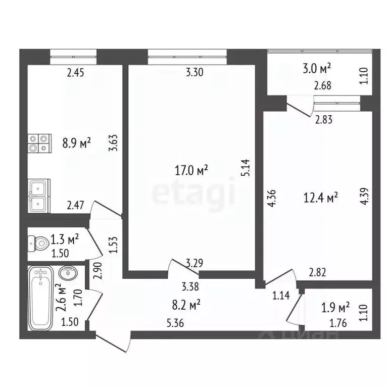 2-к кв. Башкортостан, Стерлитамак ул. Артема, 108 (52.2 м) - Фото 2
