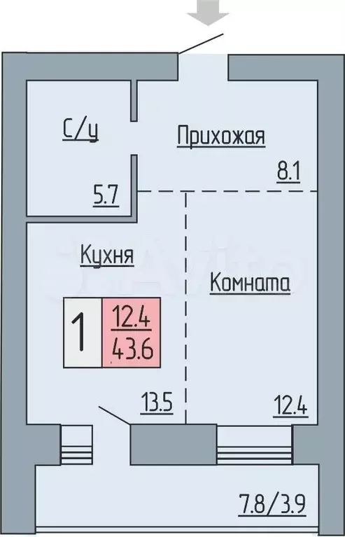 1-к. квартира, 43,6 м, 5/17 эт. - Фото 0